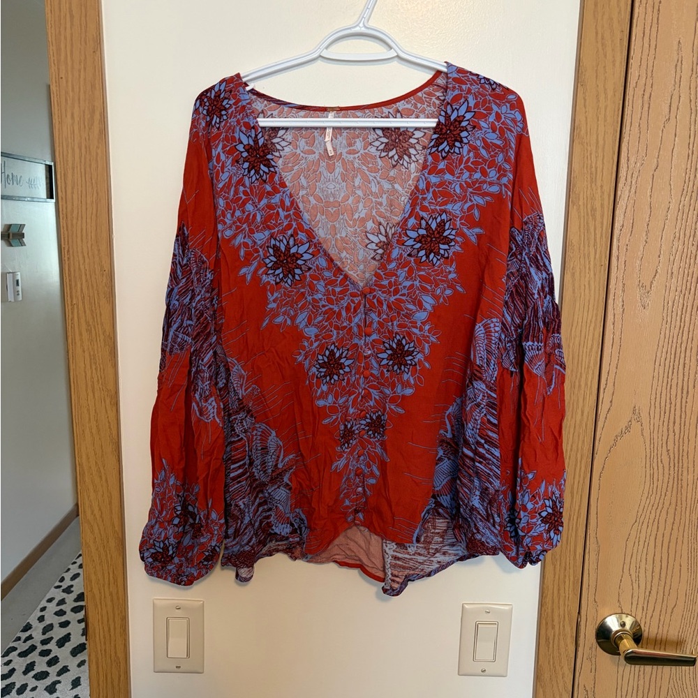Free People Red Floral V-Neck Blouse with Blue Pattern